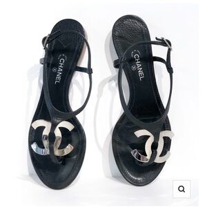 CHANEL Black Sandals with Silver Logo size 39